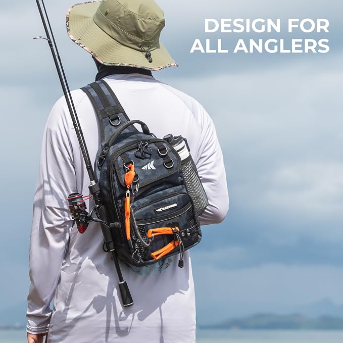 KastKing BaitSpace Fishing Sling Bag, Fishing Backpack with Rod & Beverage Holder, Tackle Bag for Fishing Gear