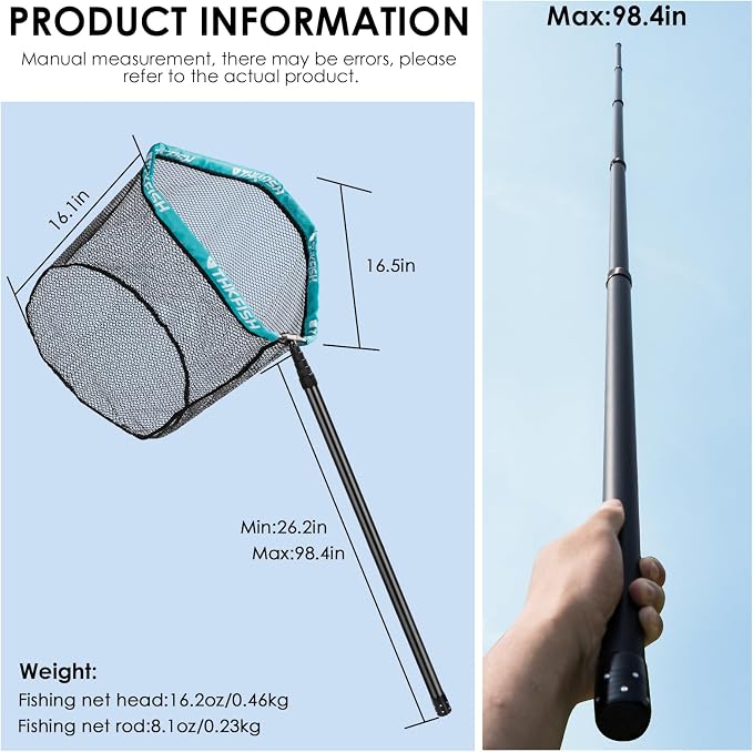 THKFISH Folding Aluminum Fishing Landing Net with Extra Long Telescoping Pole Handle,Extend to 82-157 Inches (98” Telescopic Handle/17.7” Hoop Size), Blcak
