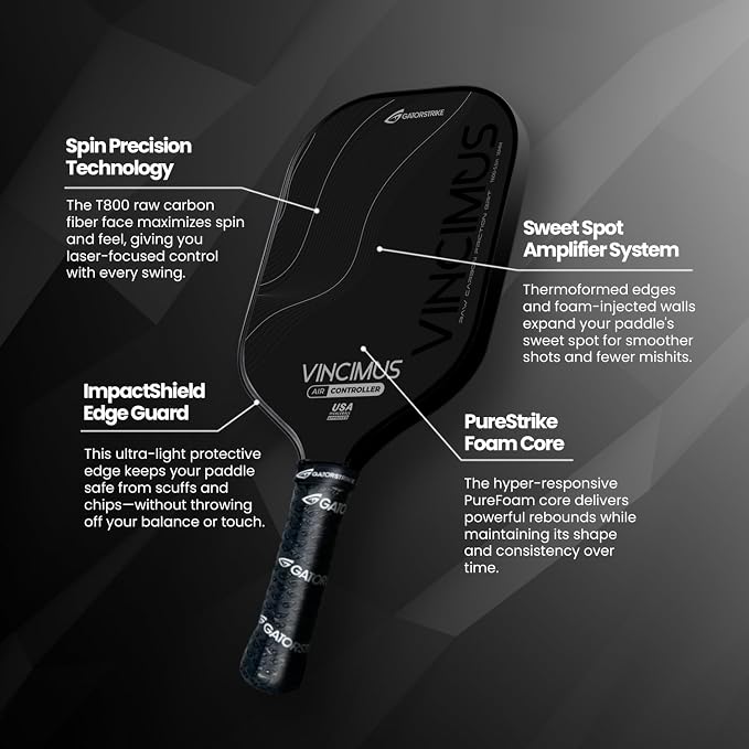 GATORSTRIKE Vincimus Air Controller T600 Pickleball Paddle, T600 Carbon Fiber Pickleball Paddle with Enhance PP Honeycomb 16mm Core, 8.1oz with GatorGrit Face