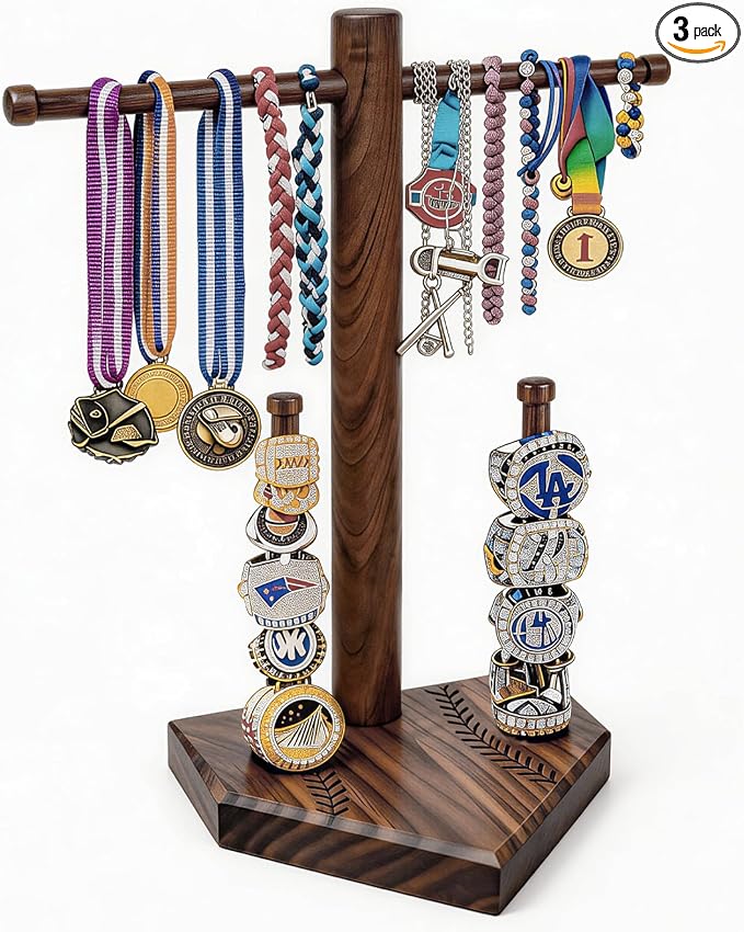 Walnut Baseball Ring Holder Wooden Baseball Softball Drip Necklace & Championship Ring Holder, Softball Jewelry Organizer Display, Solid Wood Baseball Necklace Holder Gift - 3 Rods + 1