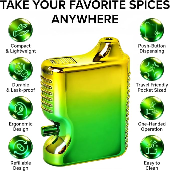 Multi-Functional Salt & Pepper Shaker Set - Portable Plastic Seasoning Dispensers for Fine Spices, Ideal for Kitchen, Camping & Picnic (Top Gold & Bottom Green)