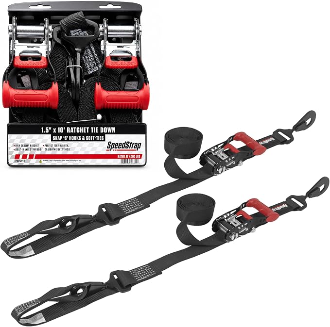SpeedStrap 1.5" x 10' Ratchet Tie-Down with Soft-Tie. Ideal for Camping, Cargo Management, Overlanding, Off-Road, Securing UTV's, Side-by-Side (SxS) Vehicles - Black (2 Pack)