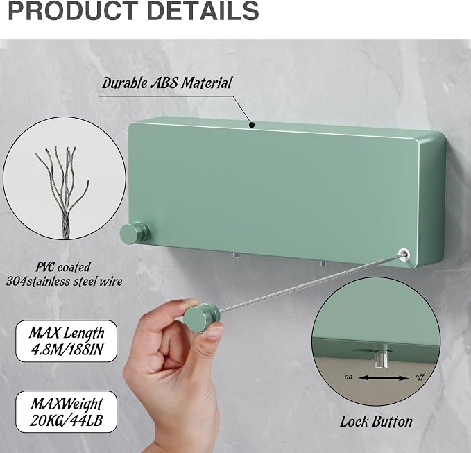 Retractable Clothesline Indoor, Non-Sagging Clothes line retracting Outdoor, Heavy Duty Wall Mounted Laundry Line Adjustable Stainless Steel for Laundryroom, Bathroom, 15.8 Feets Double Lines Green