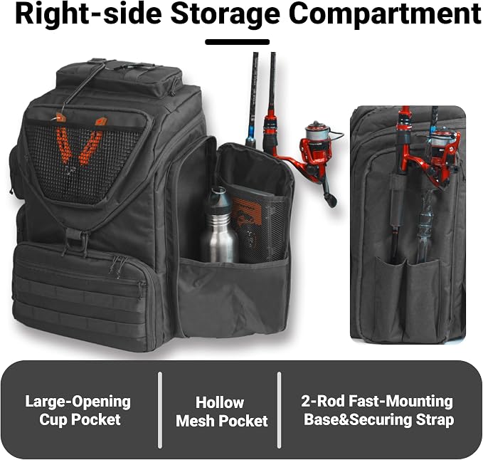 kokkoya 40L Fishing Backpack Tackle Box Back Pack Tacklebox for Men Dad with 2 Rod Holders Two Tier Storage 3 Clear Pockets Kayak Fishing