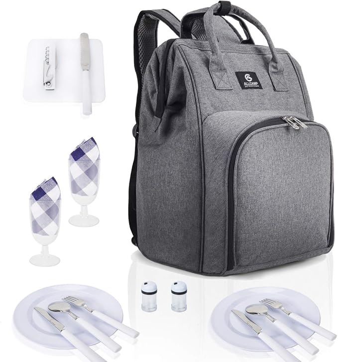 ALLCAMP Picnic Backpack for 2 Person - Insulated Cooler Bag with W/Fleece Blanket, Plates and Cutlery Set, for Family Outings, Couple Gifts