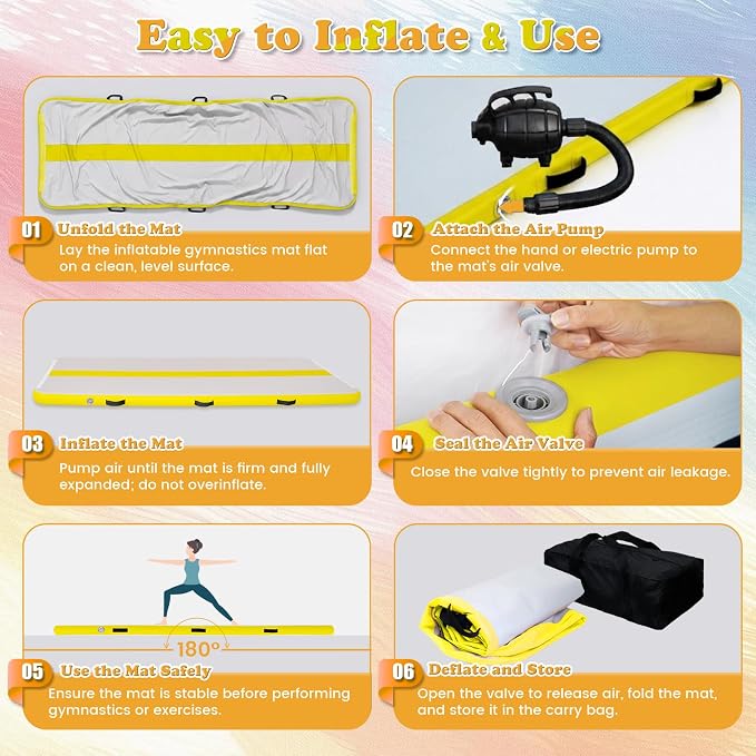 Tuxedo Sailor Inflatable Gymnastics Mat with Electric Pump, Storage Bag, Repair Kit–Air Mat for Home Training, Cheerleading, Yoga