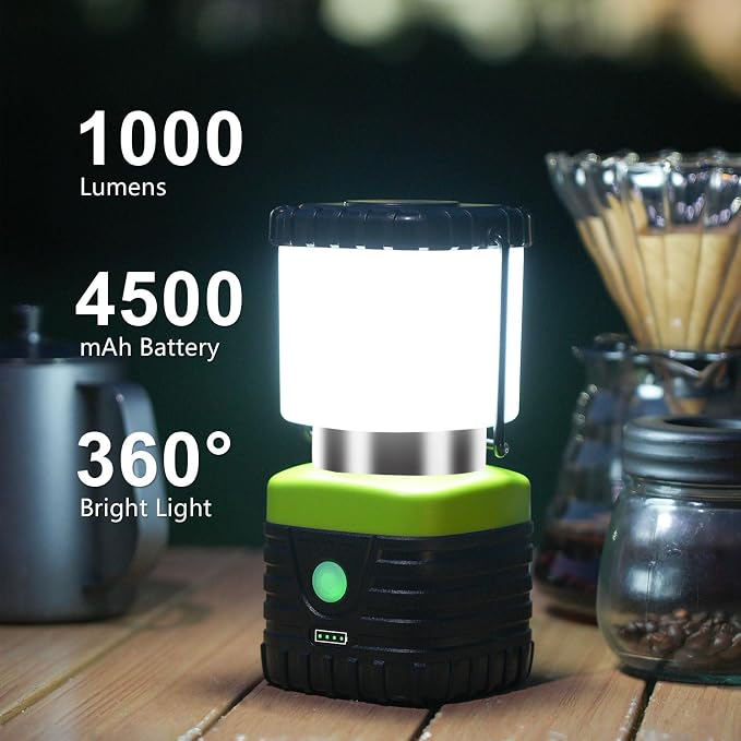 Jarxin 1PCS 6500K White Light LED Camping Lantern Rechargeable 1000LM, 4500mAh Power Bank, Flashlight for Hurricane Emergency, Hiking, IP44 Waterproof Lantern(Green)