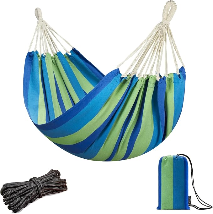 JoyView Brazilian Hammock for Single Person Portable Hammock with Hanging Ropes & Carry Bag Large 78.8x39.4” for Patio 300LBS Capacity Perfect for Outdoor/Indoor - Blue Stripes