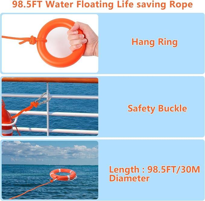 Life Preserver Ring 23"/28", Boat Safety Throw Rings with Bracket, Orange Buoy with Rope 98.5 FT and Reflective Tape for Boat