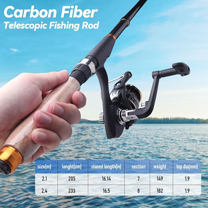 2PCS Telescopic Fishing Rod and Reel Combo, Collapsible Fishing Pole Set with Lip, Spinning Reel Line Lures Set with Carrier Bag, Saltwater Freshwater Fishing Gear for Adults