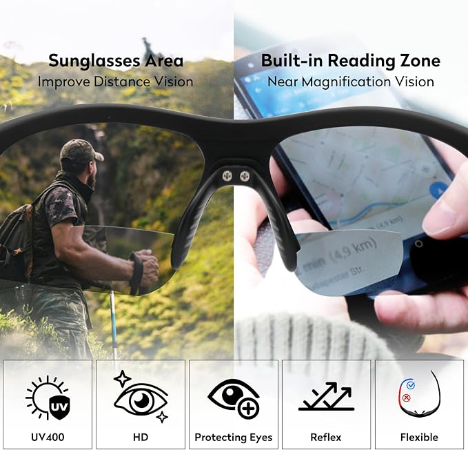 Attractive Bifocal Reading Sunglasses for Men, Durable TR90 Semi Rimless Wrap Around Design Sun Readers, UV400 Near-Far Sun Glass Built in Outdoor Sports/Driving/Finshing Dark Glasses, +2.5