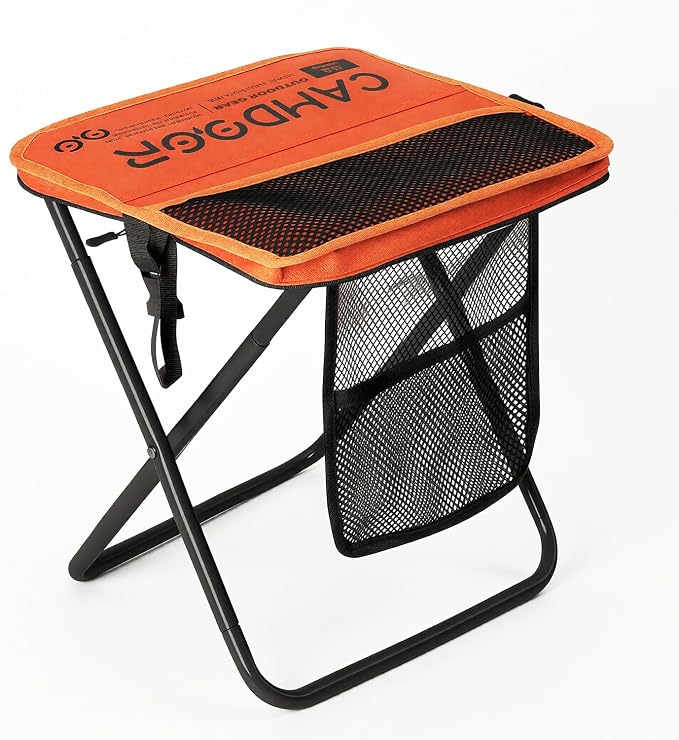 CAMDOOR Portable Collapsible Stool, 16″Folding Stool with 3 Side Pockets and Shoulder Strap, Extra Large Camping Chair Supports 400 lbs, Ultralight Portable Seat for Outdoor, Hiking, Fishing