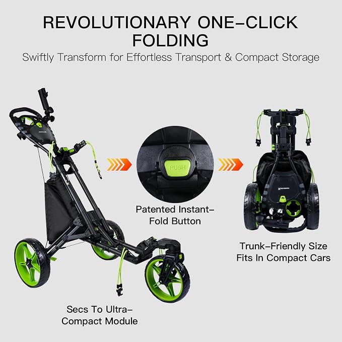 XDriveMax GC03 360 Rotating 3 Wheel Foldable Golf Pull Cart for Golf Clubs,Carries Umbrella Stand and Premium Storage - Green Pack