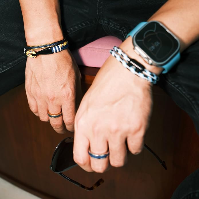 Men's Nautical Anchor Cuff Bracelet, Handmade Black & Blue Stainless Steel Rope Wristband with Lobster Claw Clasp