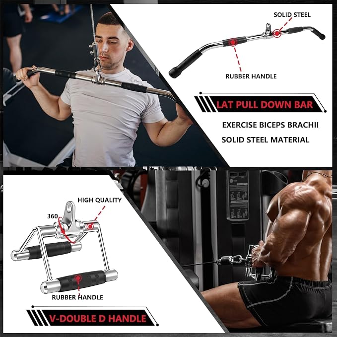 LAT Bar Cable Attachment with Rubber Handgrips, Deluxe Heavy Duty Solid Curl Bar Revolving Hanger Home Gym Cable Attachments (White 35.5inch Set)