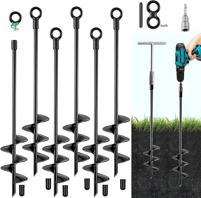 Fabulas Ground Anchors Screw in, 18 Inch Heavy Duty Swing Set Ground Anchor Kit 6 Pack, Spiral Earth Trampoline Stakes High Wind Metal Auger Stakes for Dog Sheds Tent Carports Camping