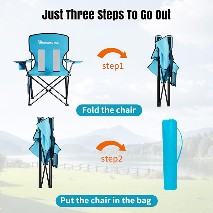Camping Chair, 300 LBS High Back Breathable Mesh Lawn Chairs Folding (Blue) | Portable Outdoor Folding Camping Chairs for Adults, with Cup Holder for Picnic, Lawn, Beach, Park, Fishing and Sports