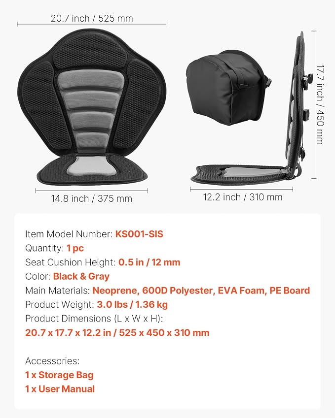 VEVOR Kayak Seat, Universal Paddle Board Seat with Adjustable Back Support, Multiple Thickness Options (0.5” to 2.6”), Soft Padded Cushion & Storage Bag for SUP, Canoe, Fishing Boat, Inflatable Kayak