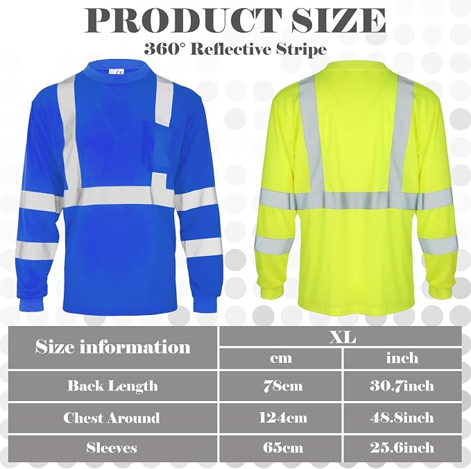 Amylove 4 Pcs Long Sleeve Safety Shirt High Visibility Reflective Construction Work Shirts for Men Women(XL,Yellow, Blue)