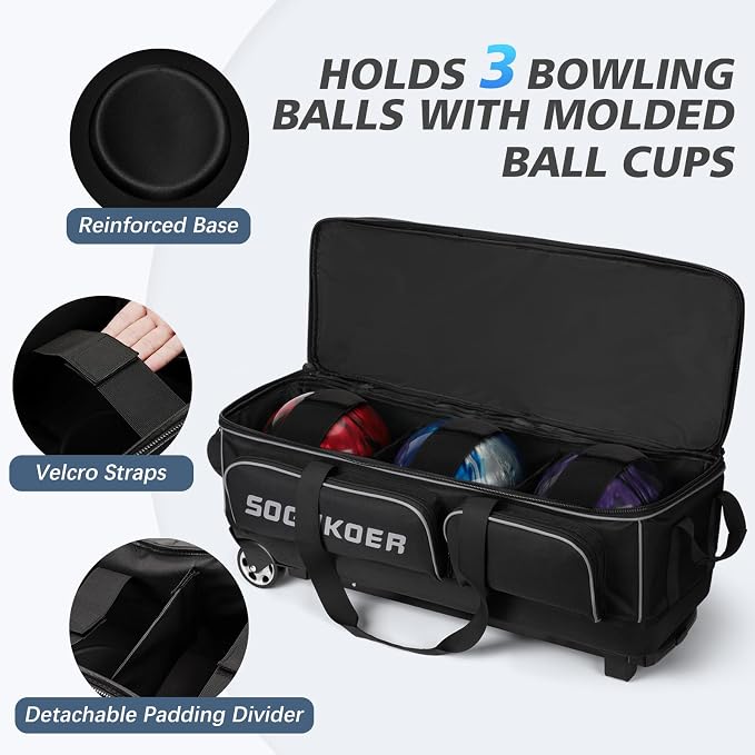3 Ball Bowling Bags with Wheels, Premium Bowling Bags 3 Ball Roller - 900D Reinforced Oxford, Bowling Ball Bag with Large Separate Shoe Compartment & Accessory Pocket