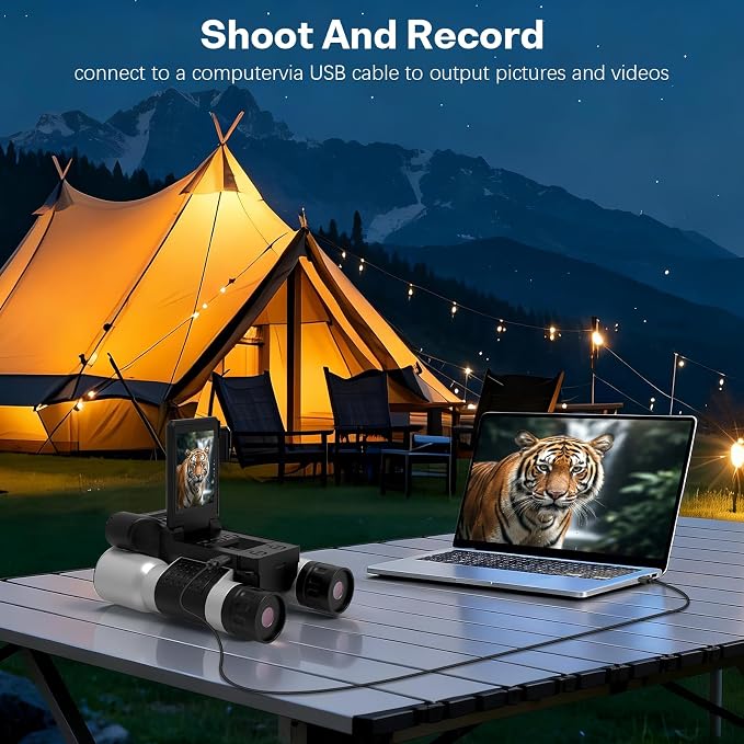 Binoculars with Camera and Night Vision - 12x42 Digital Binoculars with 2.4" IPS Screen, 7 IR Modes for 200-300m in Darkness, for Adults Bird Watching, Hiking, Camping - Includes 32GB Card (Black)