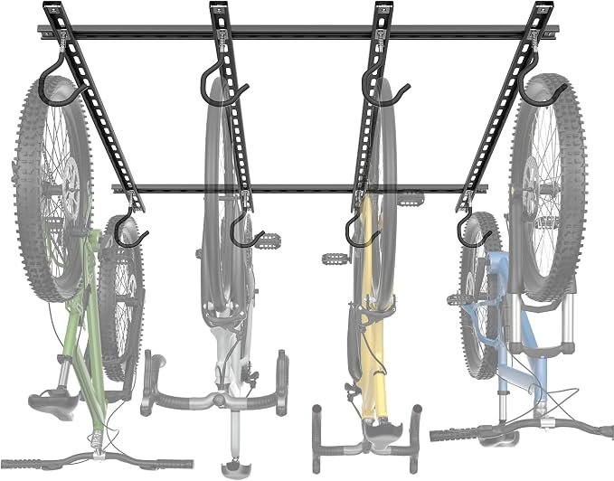WALMANN Garage Ceiling Bike Rack, Adjustable Overhead Bicycle Storage System – Stores 4 Bikes Horizontally or 8 Bikes Vertically, Ceiling-Mount Bike Hanger for Road & Mountain Bikes