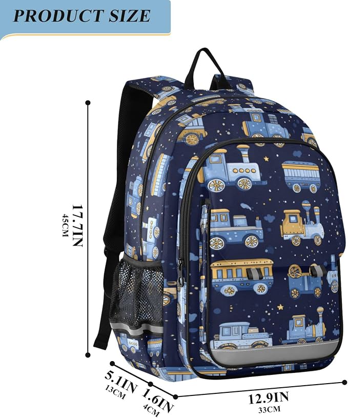 Fisyme Trains Cute Blue School Backpack Laptop Backpacks Bags Bookbag Travel Casual Computer Notebooks Daypacks