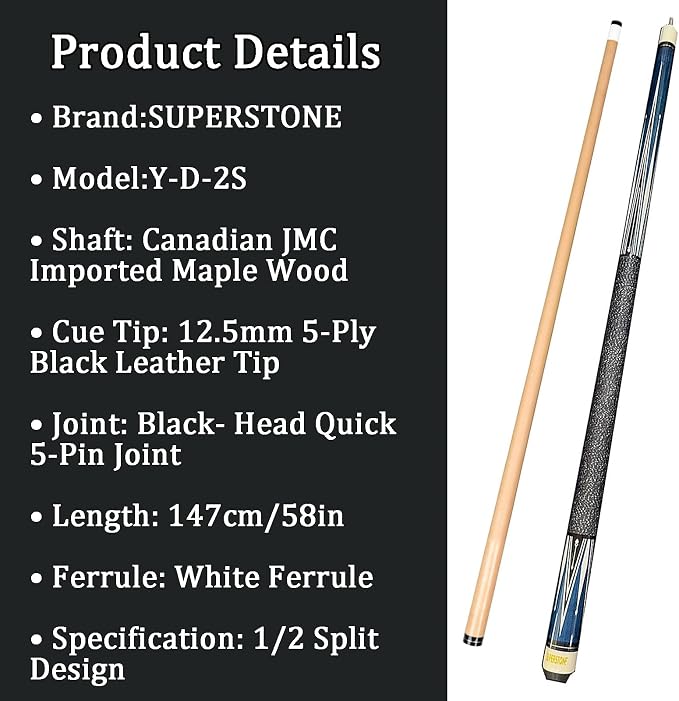 SUPERDIAMOND Pool Cue Stick Set Billiard Cue Sticks with Hard Case, 2-Pieces 58" Pool Table Sticks, 12.5 mm Tip Pool Queue,Pool Stick Set for Home Recreation, Billiards Clubs, Training