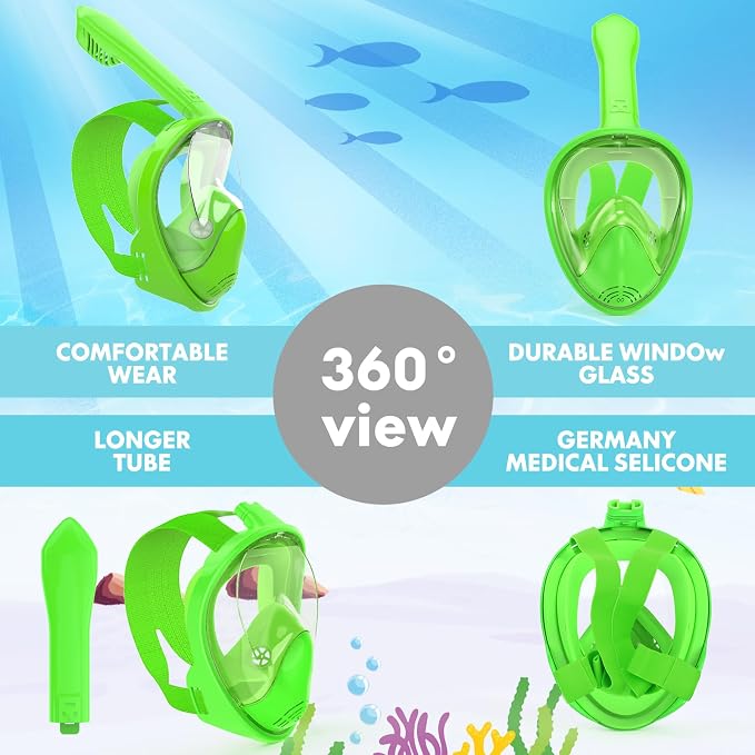 Kids Snorkel Mask Full Face, Snorkeling Gear for Kids with Camera Mount, 180 Degree Panoramic View Snorkeling Set Anti-Fog Anti-Leak
