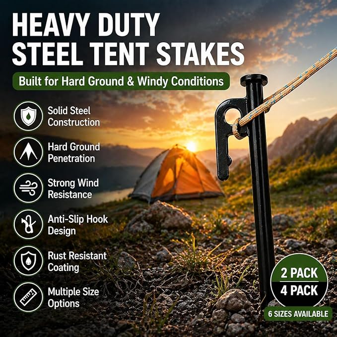 SORIEA Heavy Duty Camping Stakes 12 Inch, (4 Pack) Steel Tent Stakes for Large Tents, Canopy, Tarp, Outdoor Ground Anchors for Windy Conditions Black