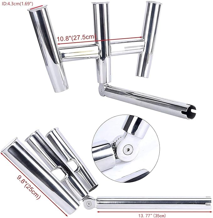 Amarine-made 3 Tube Silver Highly Polished Stainless Steel Trident Outrigger Stylish Rod Holder - Triple Rod Holder , Kite Fishing Mount 3-Rod Holder (Size B)