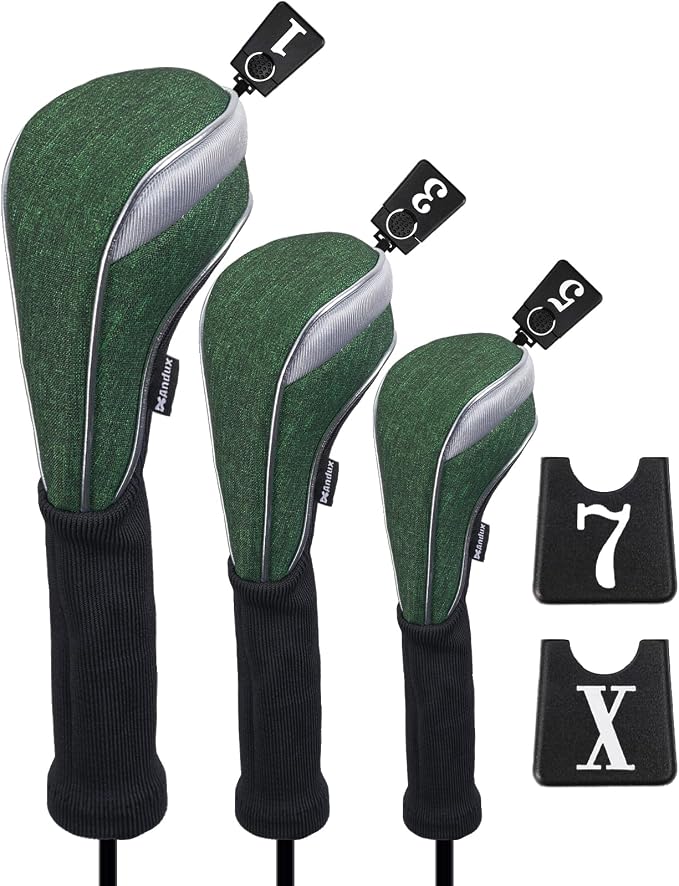 Andux 3pcs/Set Nylon Golf Wood Club Head Covers with Long Neck | for 460cc Driver Fairway Wood Club Silver Piping Pull-On Closure