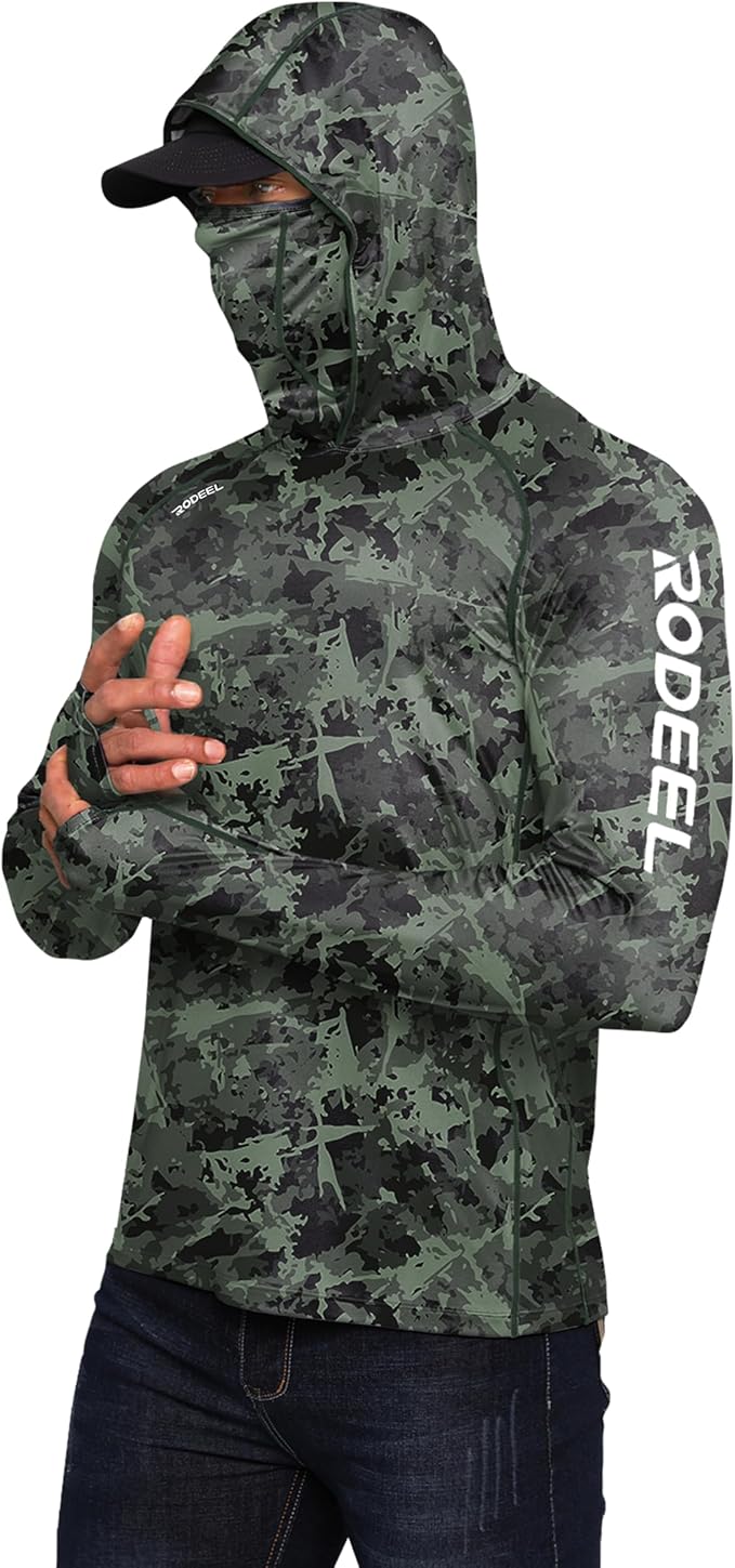 Rodeel Men's UPF 50+ Performance Fishing Hoodie, Long Sleeve Sun Protection Athletic Quick-Dry Breathable T-Shirt