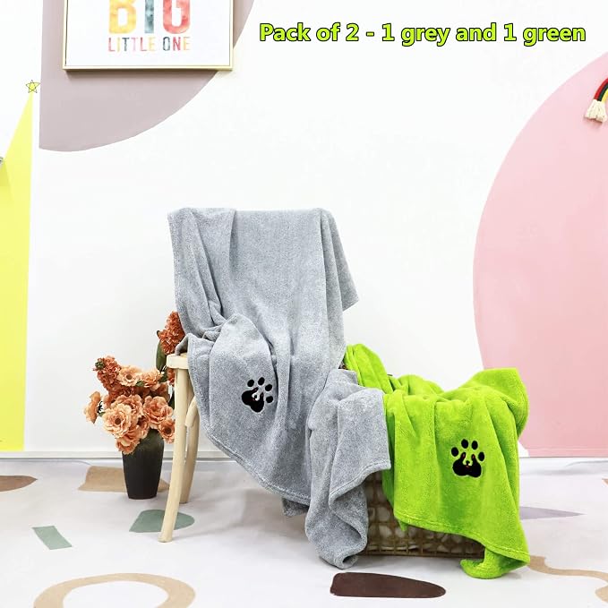 Dogvingpk Extra Large Dog Towel 2 Pack, Super Absorbent Soft Quick Drying Microfiber Pet Bath Towels for Large & Medium Dogs (XL-55" * 36", Green and Grey)