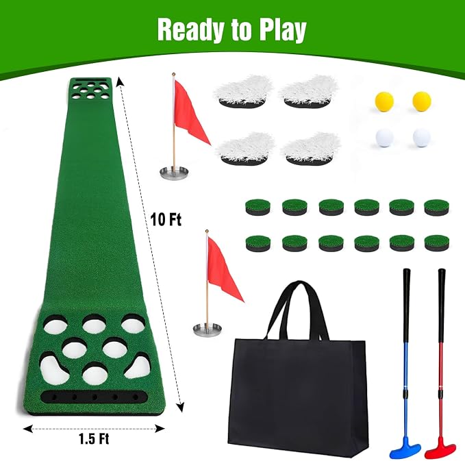Golf Putting Game Set, Detachable Golf Putting Green Mat with 4 Balls, 2 Cups & Flags, 1 Portable Bag for Indoor & Outdoor Party Game Use