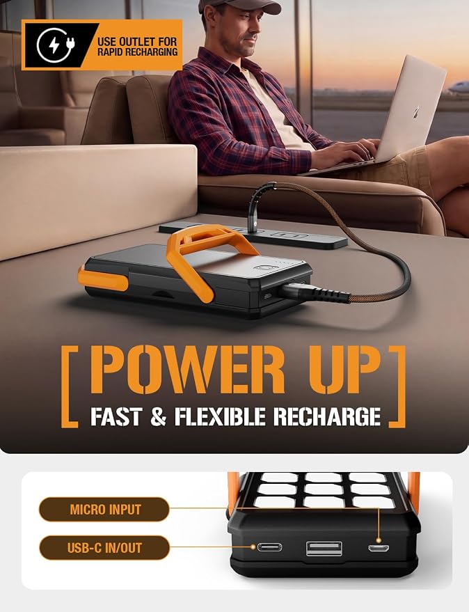 ToughTested 10,000mAh Solar Power Bank - Dual Foldable Solar Panels, 18W PD Fast Charging Portable Charger, IP44 Waterproof Battery Pack with 18 LED Flashlight - Essential Camping & Travel Gear