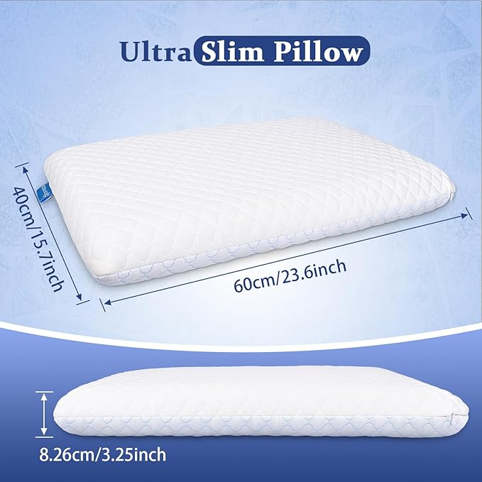 SofGlowly Thin Flat Pillow for Sleeping – 3.25" Ultra Slim Cooling Memory Foam Pillow for Stomach & Back Sleepers, Low Profile Neck Alignment Design with Soft Washable Cover,Supportive & Comfortable