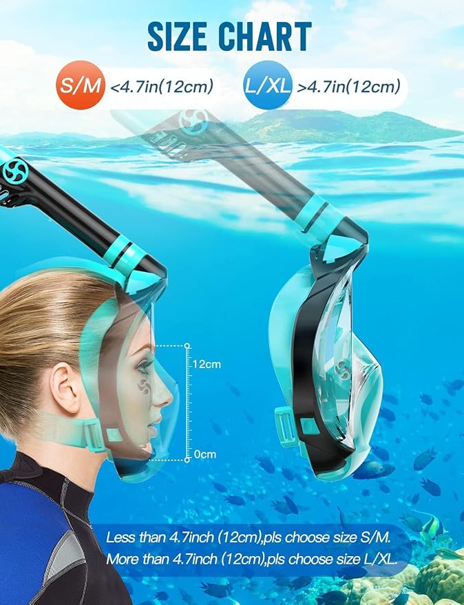 Full Face Snorkel Mask for Adults, 180° Panoramic Anti-Fog Snorkeling Gear with Dry Top System & Camera Mount, Foldable Anti-Leak Design for Travel, Swimming & Ocean Snorkeling