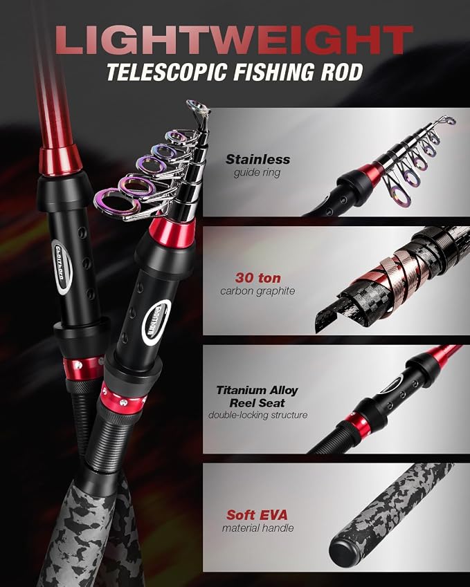 Ghosthorn Fishing Rod and Reel Combo Collapsible Fishing Pole Telescopic Fishing Rod Combo Travel Portable Fishing Set Carbon Fiber with Carrier Bag for Saltwater Freshwater