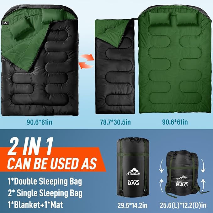 MEREZA Double Sleeping Bag for Adults Mens with Pillow, XL Queen Size Two Person Sleeping Bag for All Season Camping Hiking Backpacking 2 Person Sleeping Bags for Cold Weather & Warm