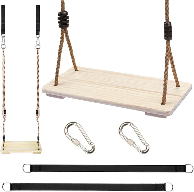Outdoor Swing, KINSPORY Swing Set for Backyard, Adjustable Nylon Rope with Hanging Tree Straps Kit, Wooden Swing Seat for Indoor Outdoor Porch Patio Garden Playgroud Swing Set Accessories