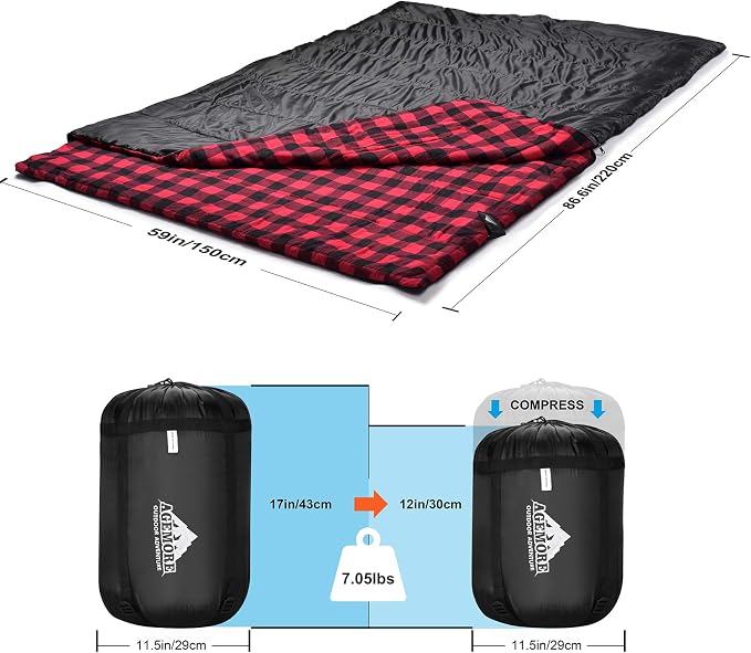 Cotton Flannel Double Sleeping Bag for Camping, Backpacking Or Hiking. Queen Size 2 Person Waterproof Sleeping Bag for Adults Or Teens. Lightweight with Compression Sack