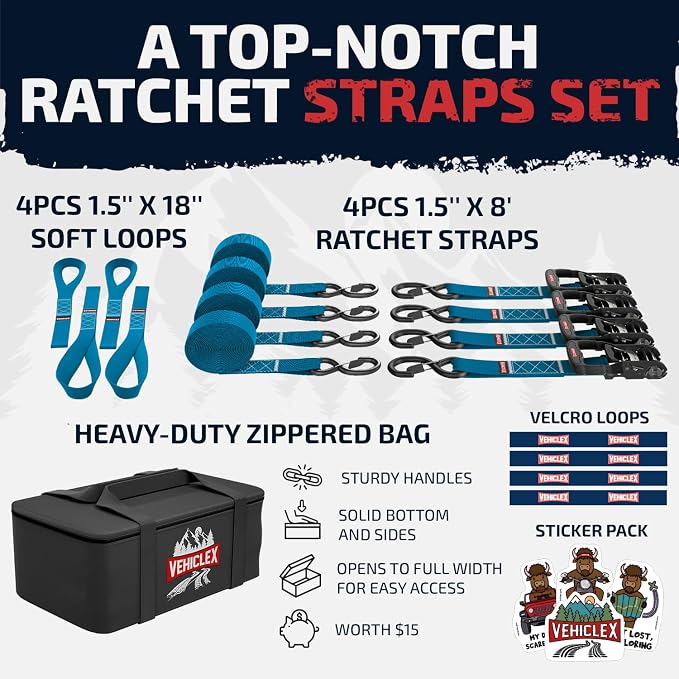 Vehiclex Motorcycle Ratchet Tie Down Straps with Soft Loops - 4PK Heavy Duty 1.5" x 8ft Kit, 4,400 lb Breaking Strength for Powersports, Blue