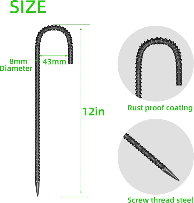 18 Pieces 12-Inch Garden Ground Stakes Galvanized Steel J Shape Hook Rebar Stake - Heavy Duty Anchors for Tents, Position Kits,Fences, and Trampolines