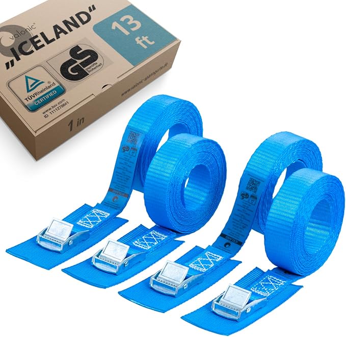 valonic Iceland - tie Down Straps with Protection pad, 4 Pieces, 13 ft x 1 inch, 1100lbs, cam Buckle, TÜV Rheinl. Certified, Blue, Lashing Straps for roof Rack, Kayak, Bike, car