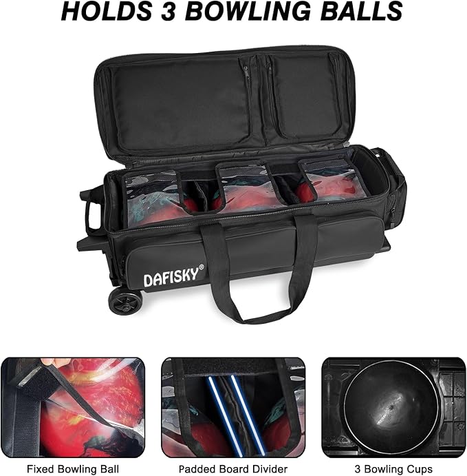 DAFISKY 3 Ball Bowling Bags with Wheels, Roller Bowling Bag with Multiple Pockets Retractable Handle Extends to 38‘’