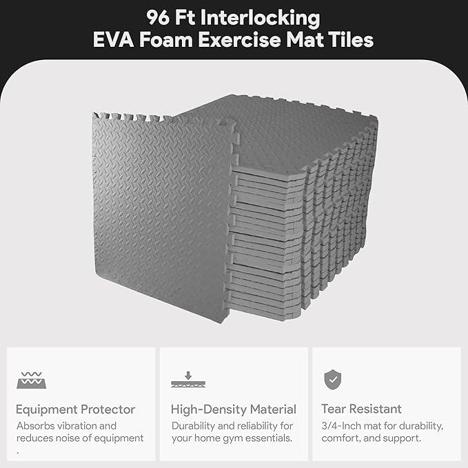 BalanceFrom Puzzle Exercise Mat 3/4" Thick, EVA Interlocking Foam Floor Tiles for Home Gym, Mat for Home Workout Equipment, Floor Padding for Kids, Gray, 24 in x 24 in x 3/4 in, 96 Sq Ft - 24 Tiles