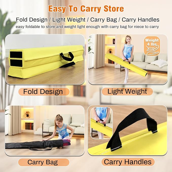 MARFULA 6 FT / 8 FT / 9 FT Folding Gymnastics Beam Foam Balance Floor Beam - Extra Firm - Suede Cover - Anti Slip Bottom with Carry Bag for Kids/Adults Home Use