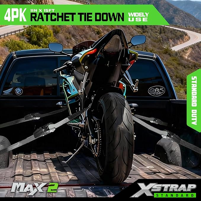 XSTRAP STANDARD Motorcycle Ratchet Tie Down Straps - 4 Pk 1'' x 15 Ft 1890 Lbs Break Strength-Cargo Straps with Integrated Soft Loops, Padded Handles & Coated Safety Clip for Motorcycle, Truck(Black)