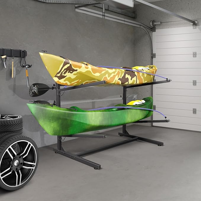 Kayak Storage Rack, Heavy Duty Freestanding Kayak Racks for Garage and Outdoor Storage, Storage Rack Adjustable for Kayak, Canoe, Surfboard & Paddle board (2 Levels for 2 Kayaks)